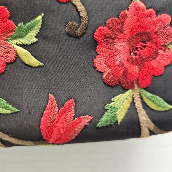 Black Red Floral Flower Embroidered Gold Cara Made in USA Clutch Hand Bag - Picture 5 of 16